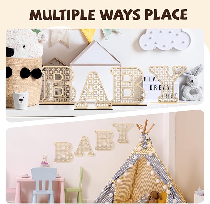 Boho nursery decor with wooden letters, adding a rustic, personalized touch to your baby’s room.