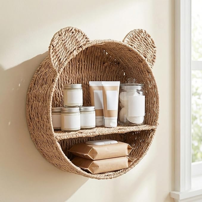 Boho nursery wall shelf made from wicker, stylish storage solution for baby essentials.
