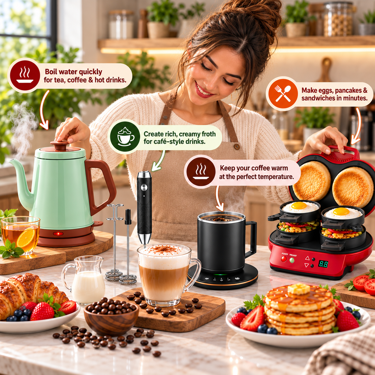Electric kettle, handheld milk frother, coffee mug warmer and breakfast sandwich maker bundle