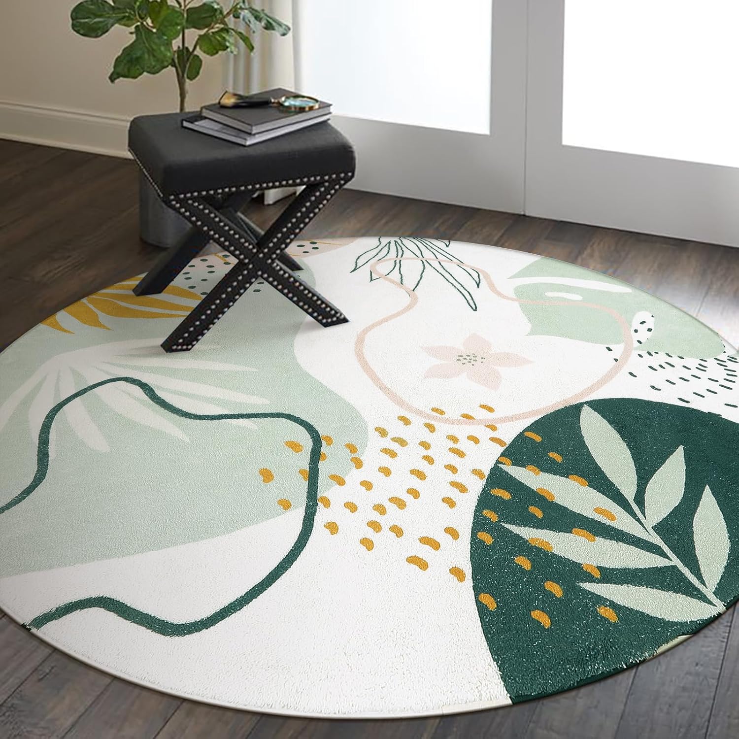 Soft round area rug placed near sofa and entryway
