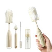 Bottle brush kit with push-press foam design, multi-purpose cleaning brushes for bottles, straws, and tubes.