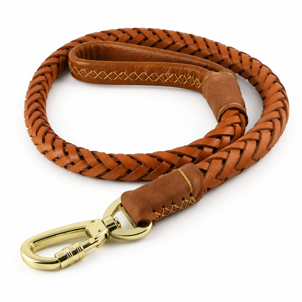Braided dog leash with metal attachment hook