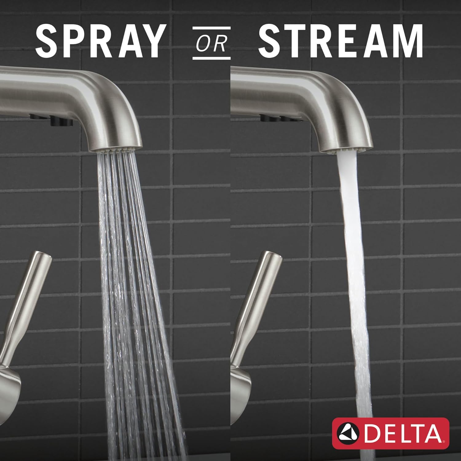 Modern brushed steel kitchen faucet beside utility sink