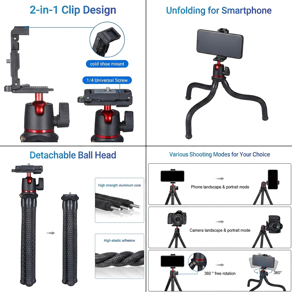 Camera tripod with cold shoe mount for selected photo and video accessories