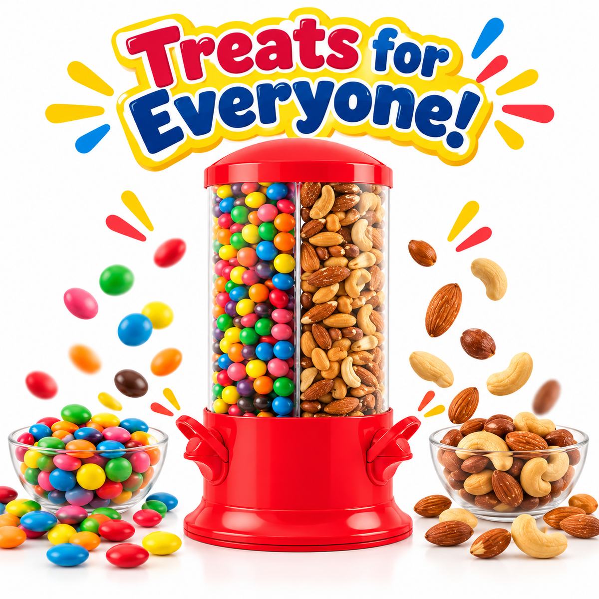 Triple storage unit filled with assorted candy and nuts for organised tabletop serving.