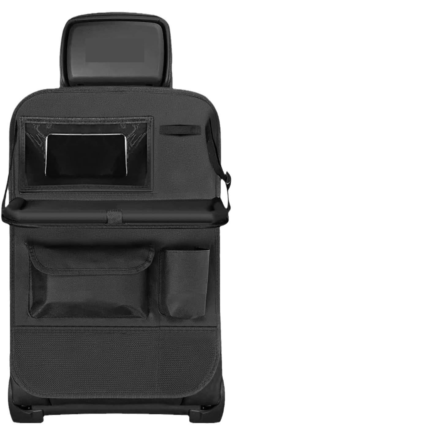 Car seat organizer with touch screen tablet holder, keeps kids entertained during car trips.