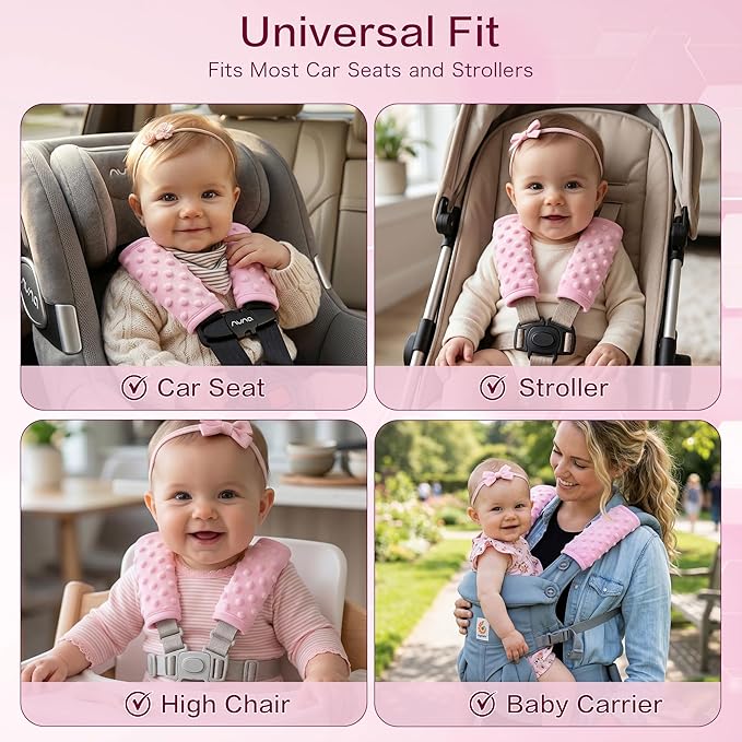 Car seat strap pads for baby girls, comfortable and soft for long car trips.