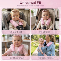 Car seat strap pads for baby girls, comfortable and soft for long car trips.