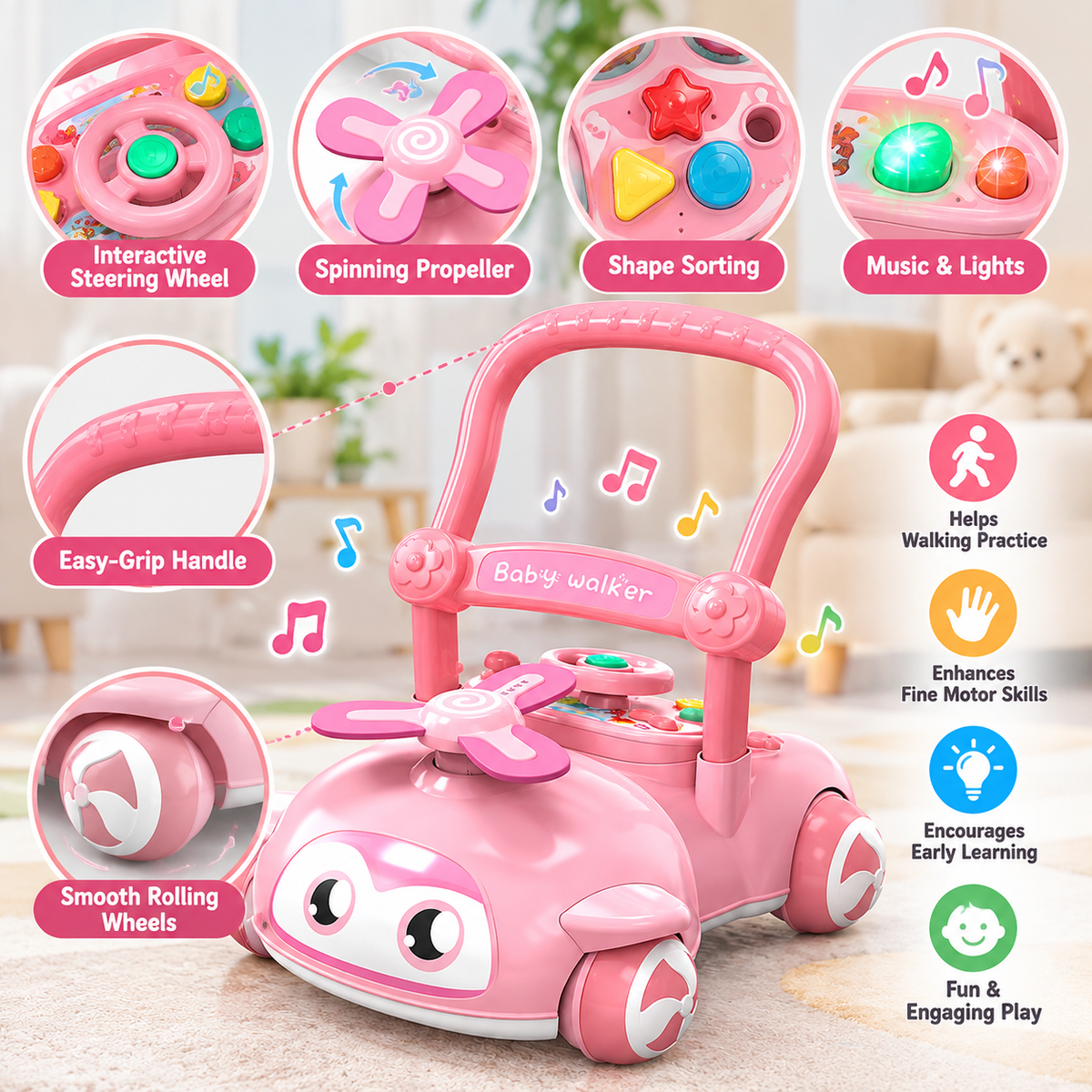 Car-style baby push toy with pink finish, activity panel and integrated walker handle