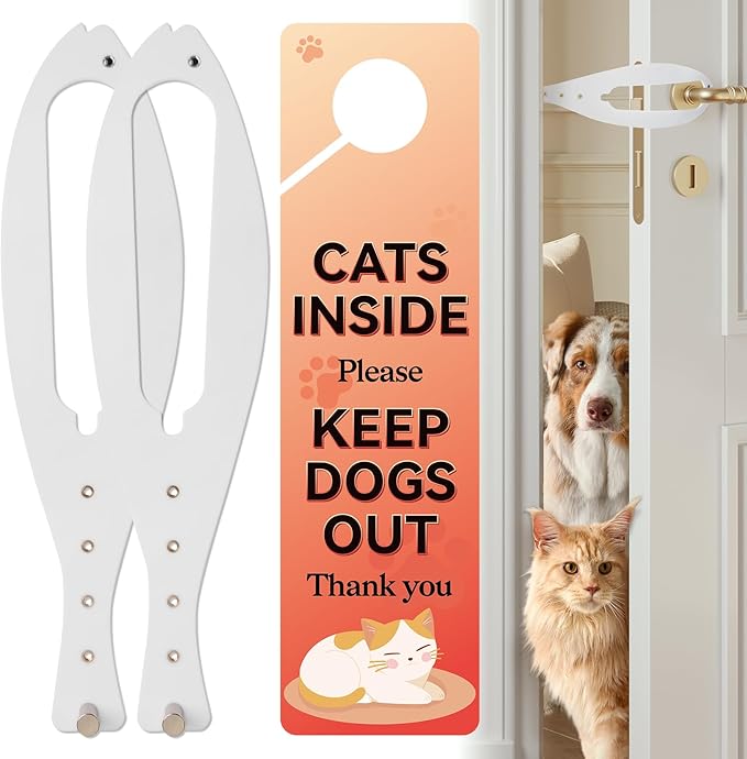 Cat door latch with adjustable strap to keep dogs out of litter boxes and food areas (set of 2).