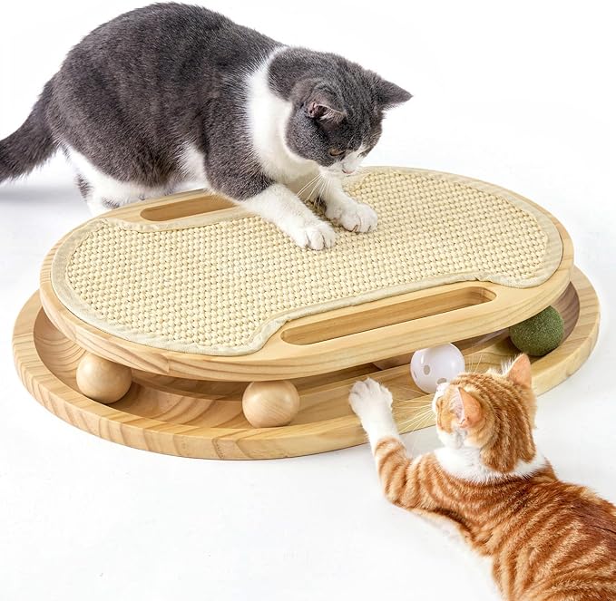 Cat scratching board with interactive ball for indoor play
