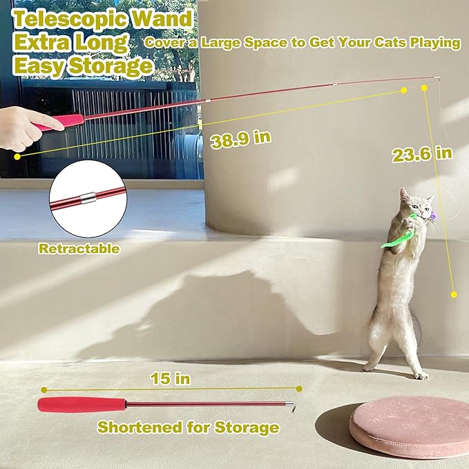 Packaged interactive cat wand toy set with 2 poles and 9 feather refills