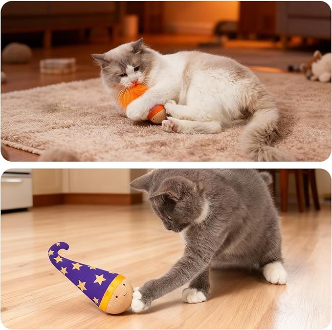 Wooden Cat Toy with Catnip, Self-Righting Nienie Tumbler Chaser Toy