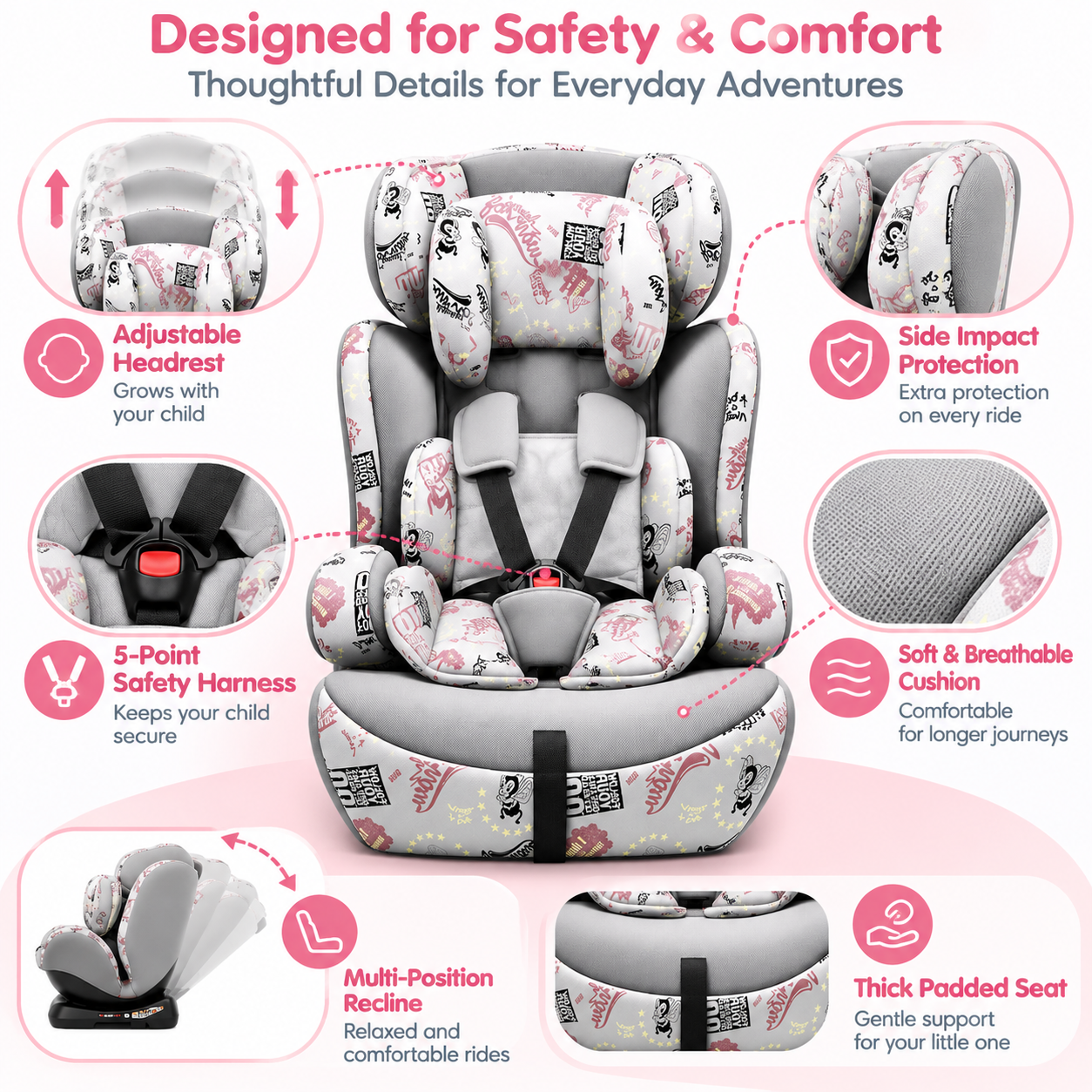 Child car seat with integrated multi-point style harness