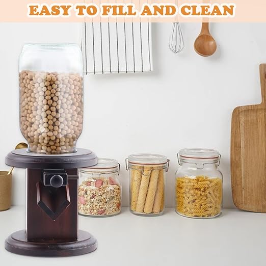 Wooden sweet dispenser containing colourful chocolate candy beans for convenient serving.