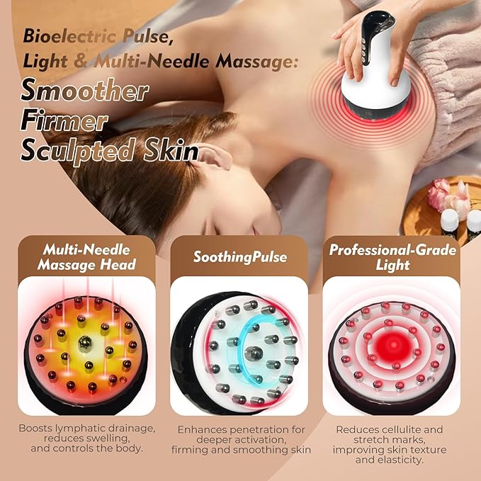 Demonstrating the heat and vibration function of the Lymphatic Drainage Massager, ideal for soothing muscles and enhancing circulation