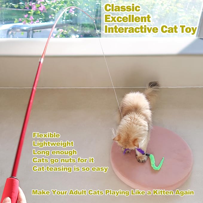 Close-up of removable feather attachment on cat wand toy