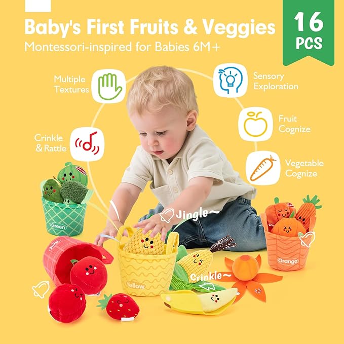 Colorful baby fruits and vegetables toys with crinkle and rattle