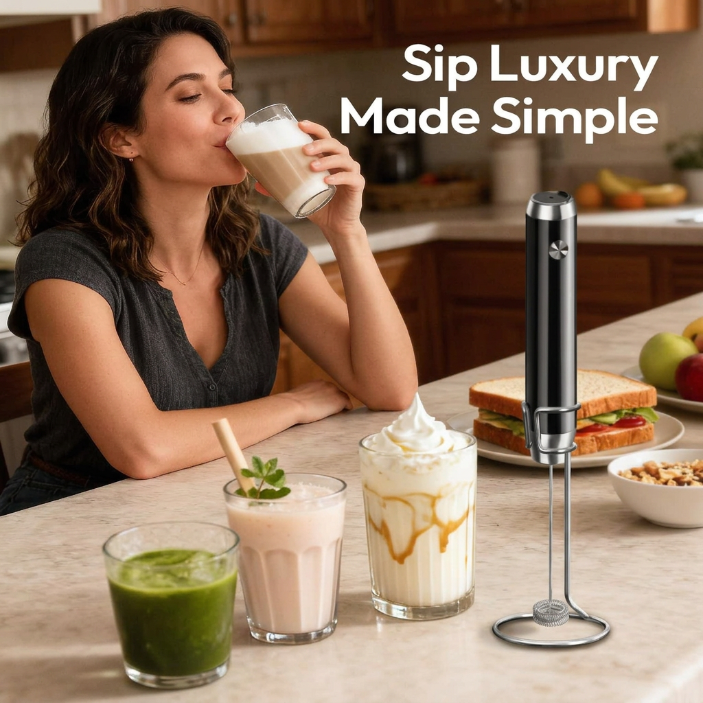 Compact beverage frother body suitable for kitchen storage