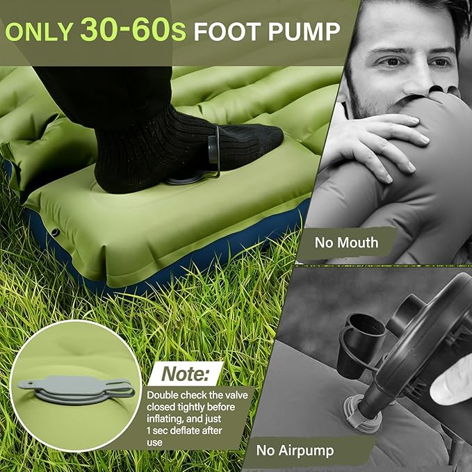 compact inflatable camping sleeping pad with foot pump and pillow
