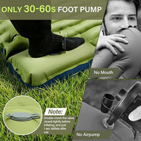 compact inflatable camping sleeping pad with foot pump and pillow