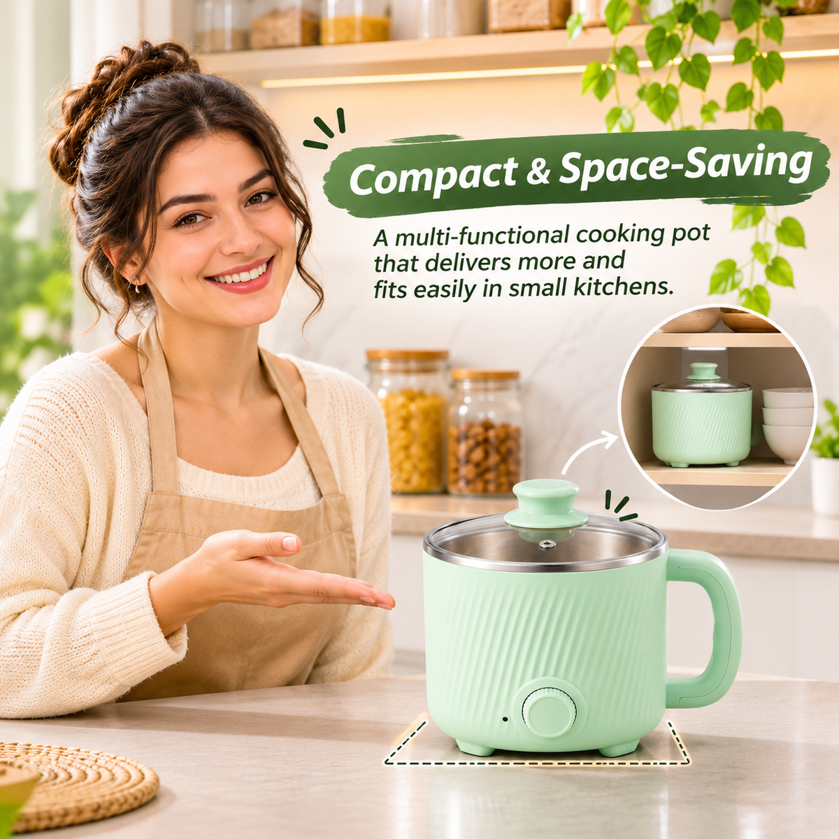 Multi-purpose electric cooking appliance positioned on a modern kitchen worktop.