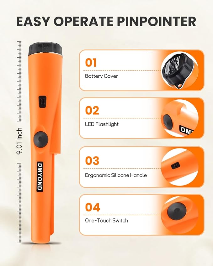 Compact handheld pinpointer tool with simple controls