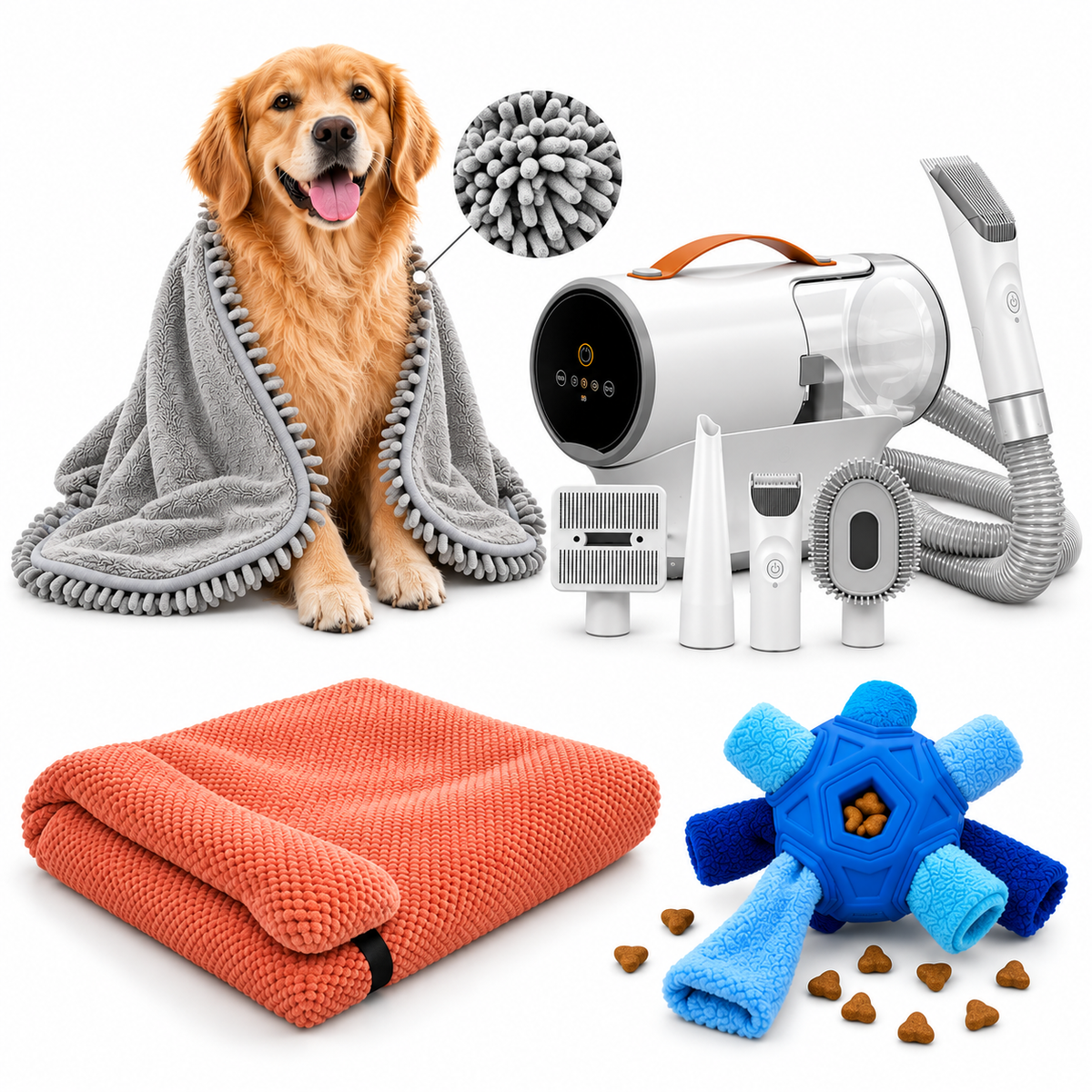 Complete dog grooming and care bundle with vacuum, trimmer, towel and toy