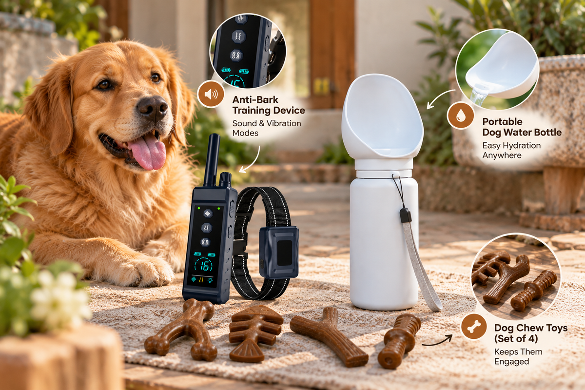 Complete dog walking bundle with training device water bottle and chew toys