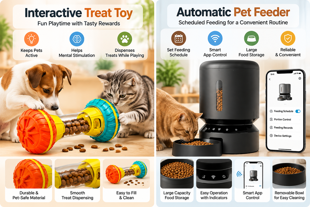 Complete pet feeding solution with automatic food feeder, water fountain, and enrichment toy