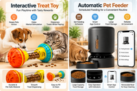 Complete pet feeding solution with automatic food feeder, water fountain, and enrichment toy