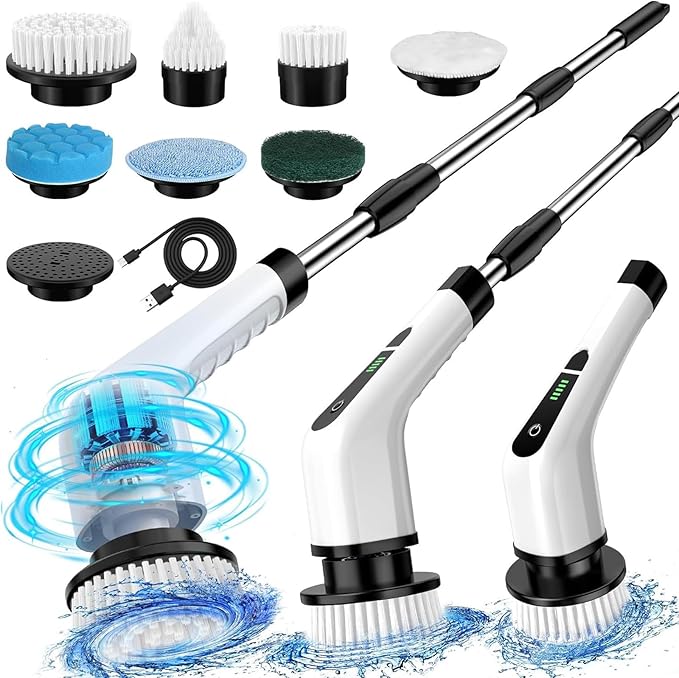 Cordless electric cleaning brush with adjustable white handle
