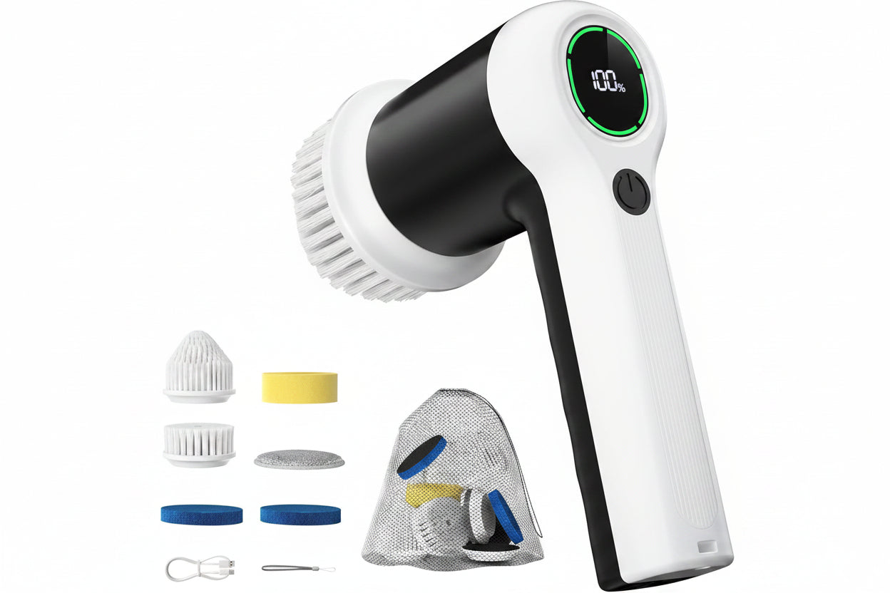 Cordless electric spin cleaning brush for household surfaces