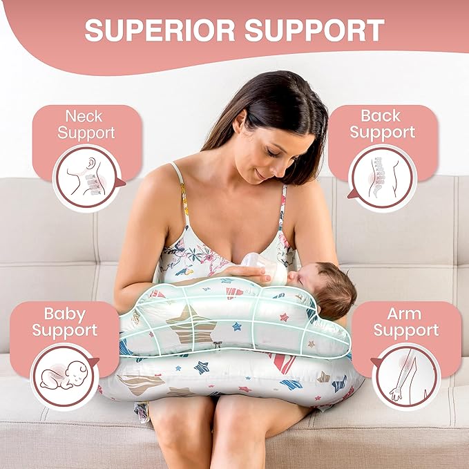 Cotton cover nursing pillow, soft and breathable for baby comfort.