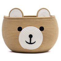 Cotton rope baby basket with cute bear design, perfect for nursery storage.