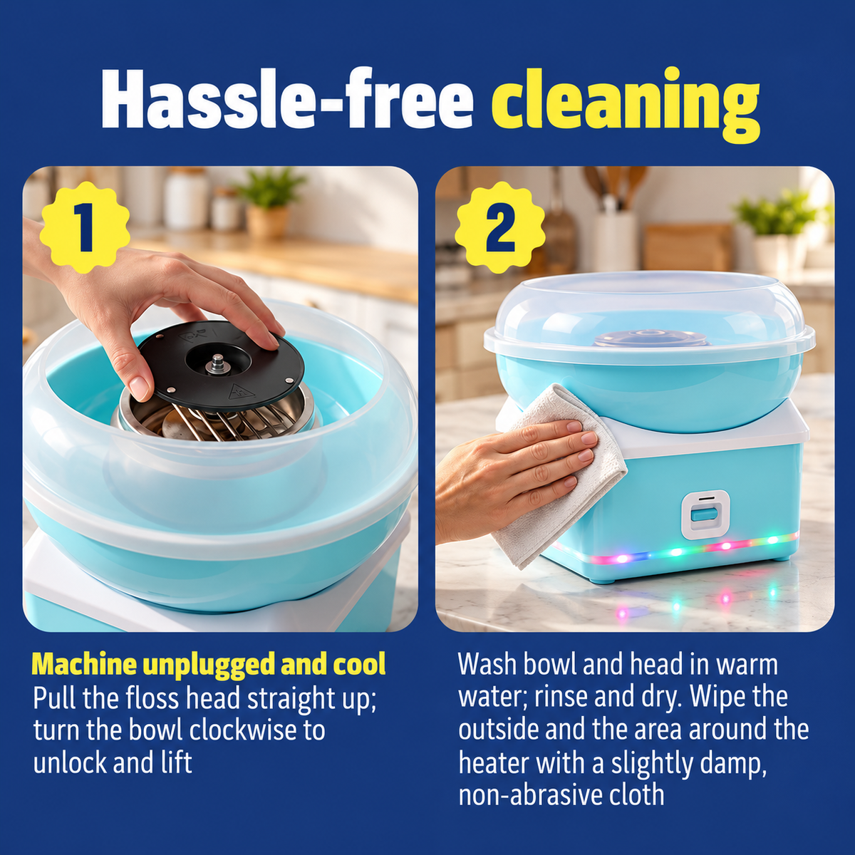 Blue electric sugar floss maker showing its covered bowl design and countertop construction.