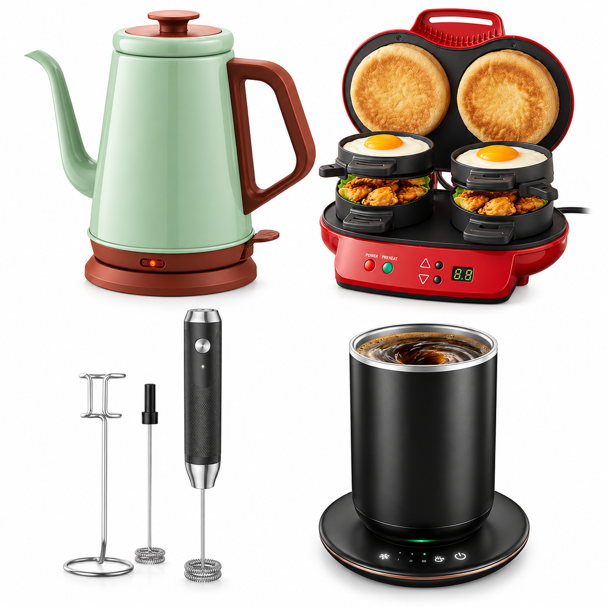 Cozy breakfast and coffee bundle with electric kettle, milk frother, mug warmer and sandwich maker