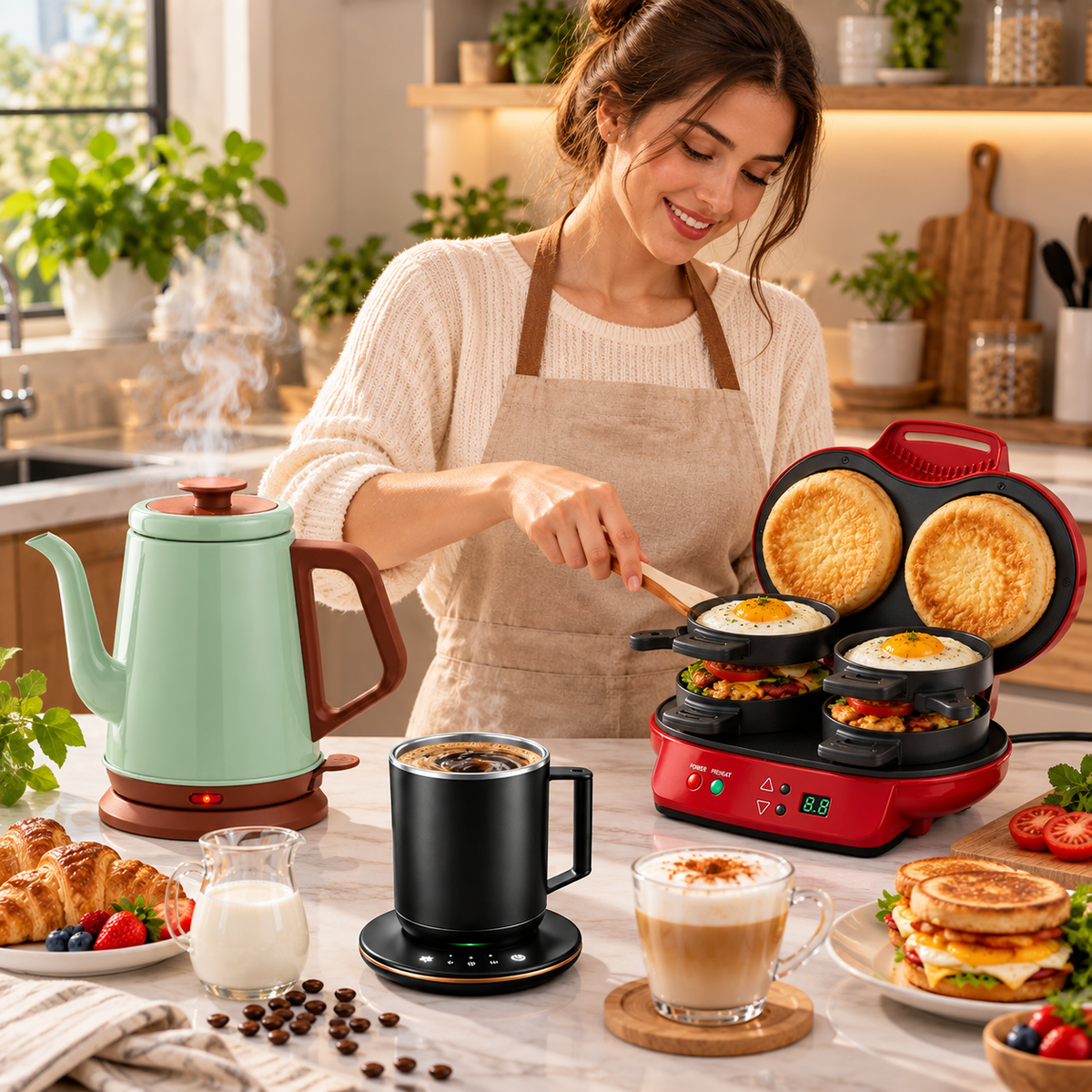 Handheld electric milk frother creating creamy foam for latte, cappuccino and coffee