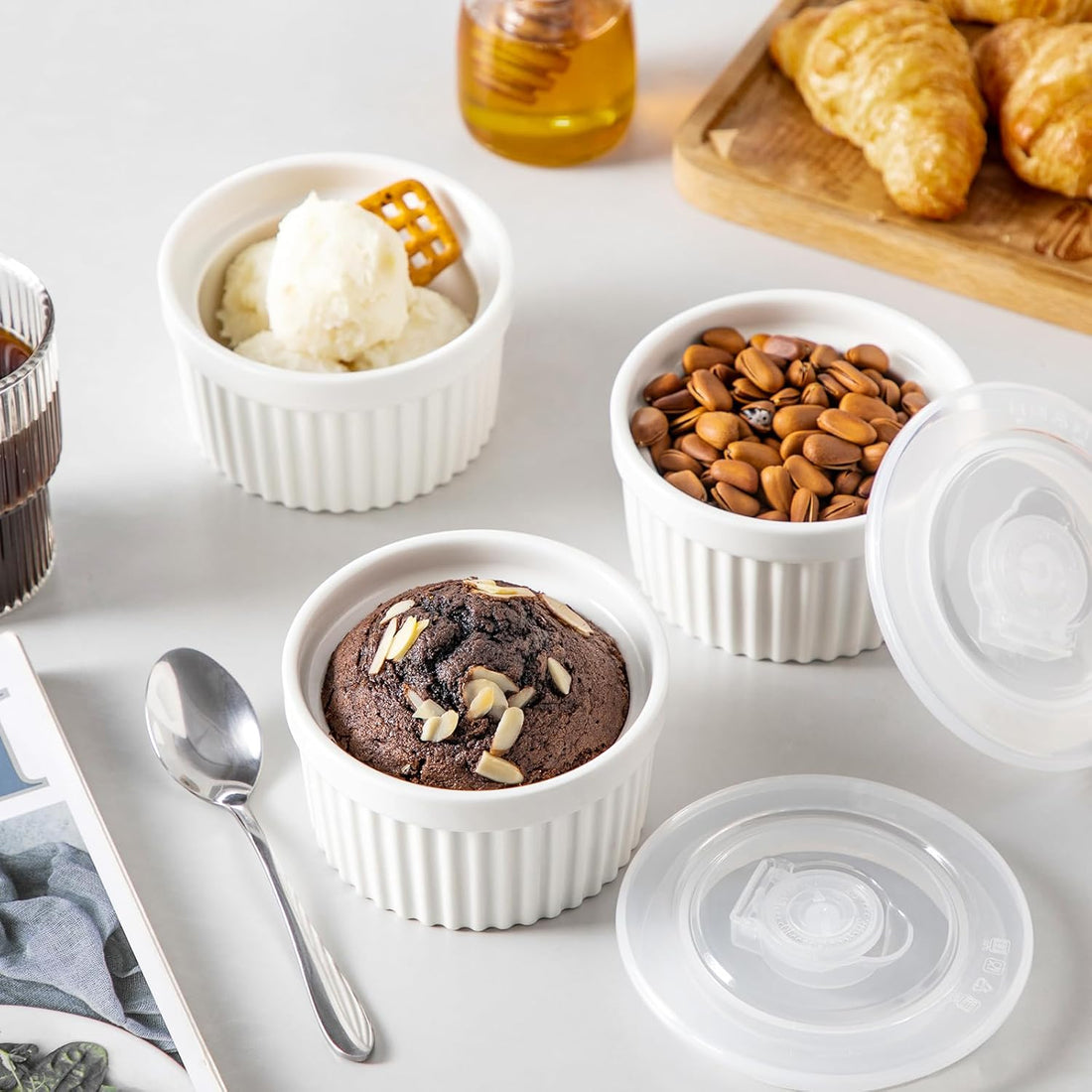 Porcelain souffle dishes for creme brulee