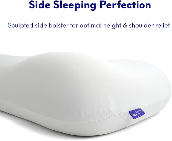 Curved pillow side view showing ergonomic head placement design