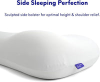 Curved pillow side view showing ergonomic head placement design