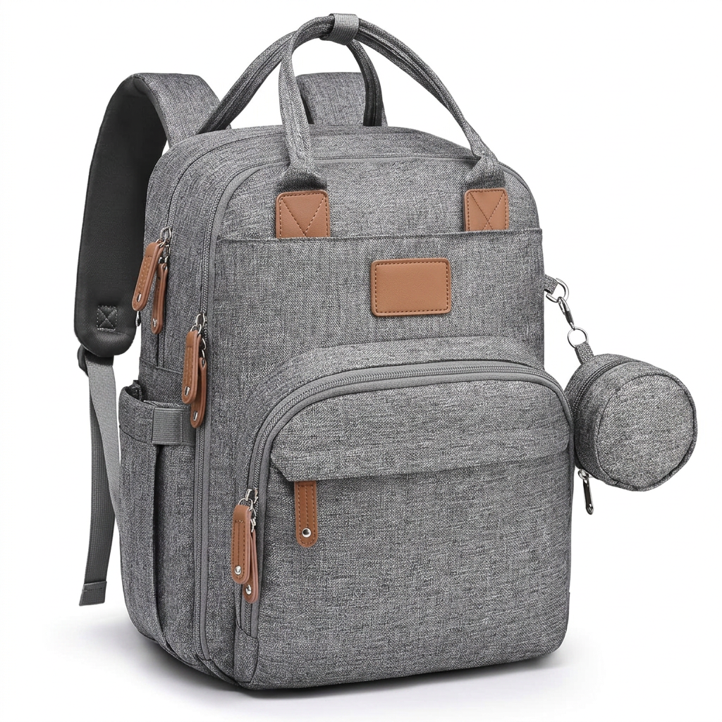 Diaper bag backpack hanging from a stroller handle using integrated attachment straps