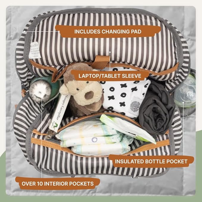 Diaper bag with built-in changing pad, for easy and convenient diaper changes.