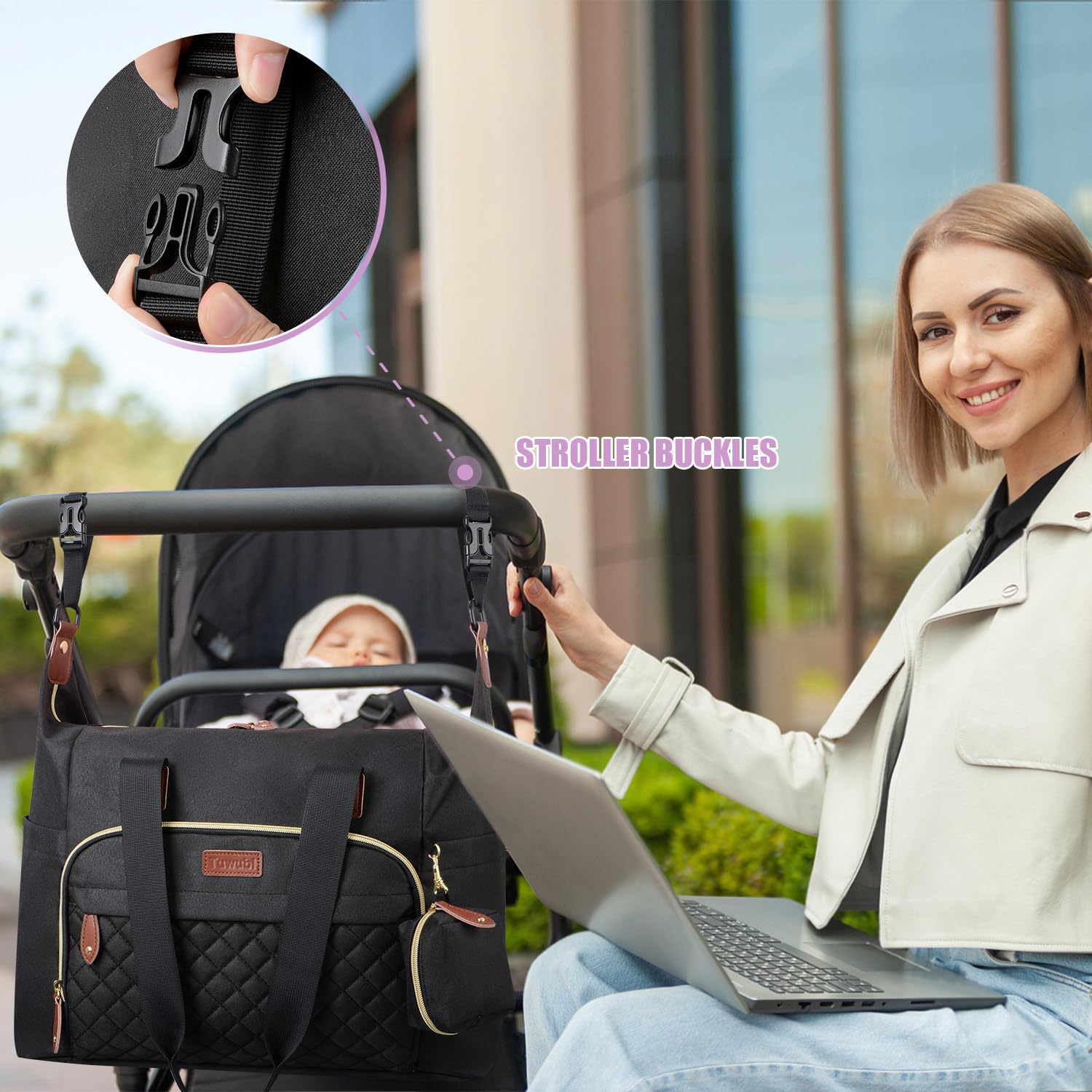 Diaper bag with padded shoulder straps, comfortable for long days out with your baby.