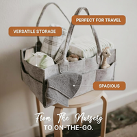 Overhead view of a baby diaper caddy showing removable dividers and compartments