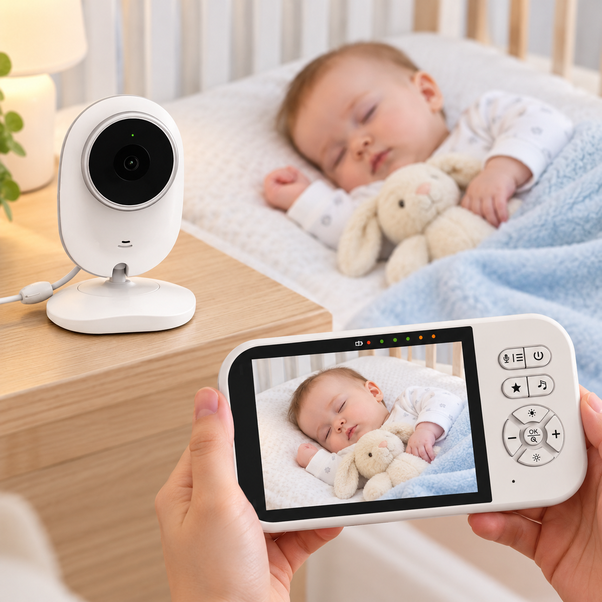 Handheld parent display with music and navigation buttons