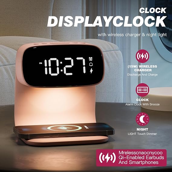 15W Wireless Charging Alarm Clock with 3-Color Nightlight