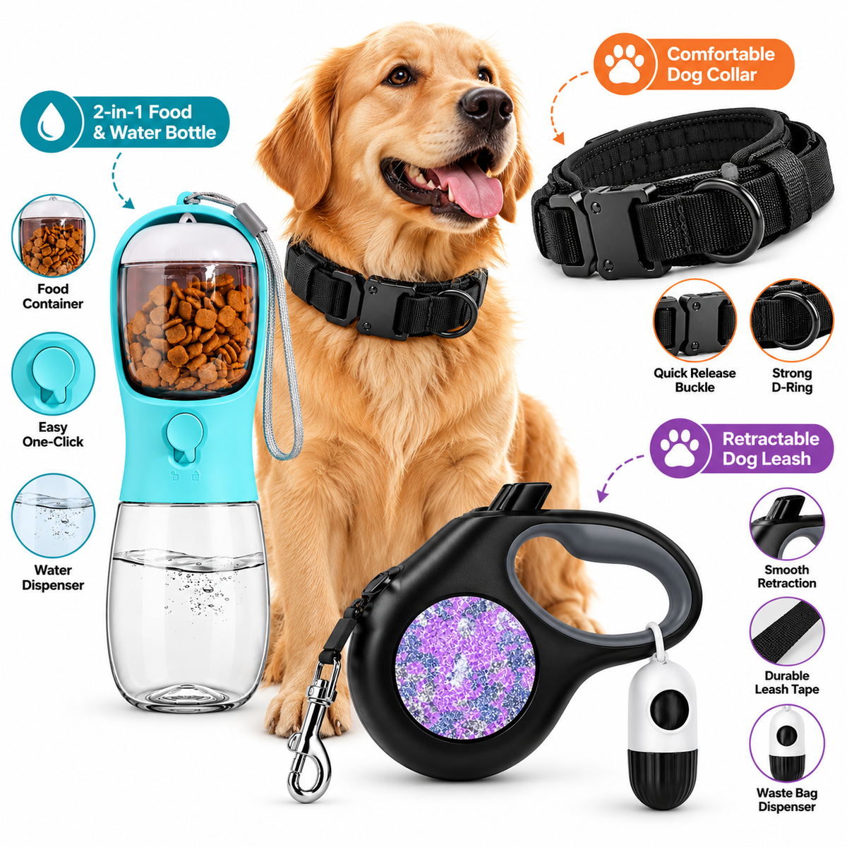 Dog collar and retractable leash walking set
