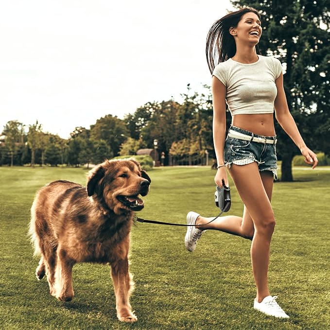 Retractable dog leash with built-in poop bag dispenser
