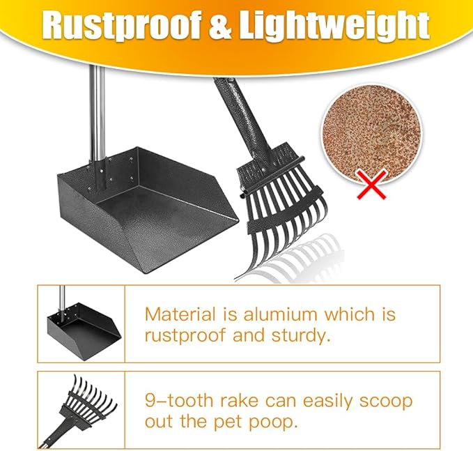 Dog poop rake and tray set for cleaning dirt, grass and outdoor areas